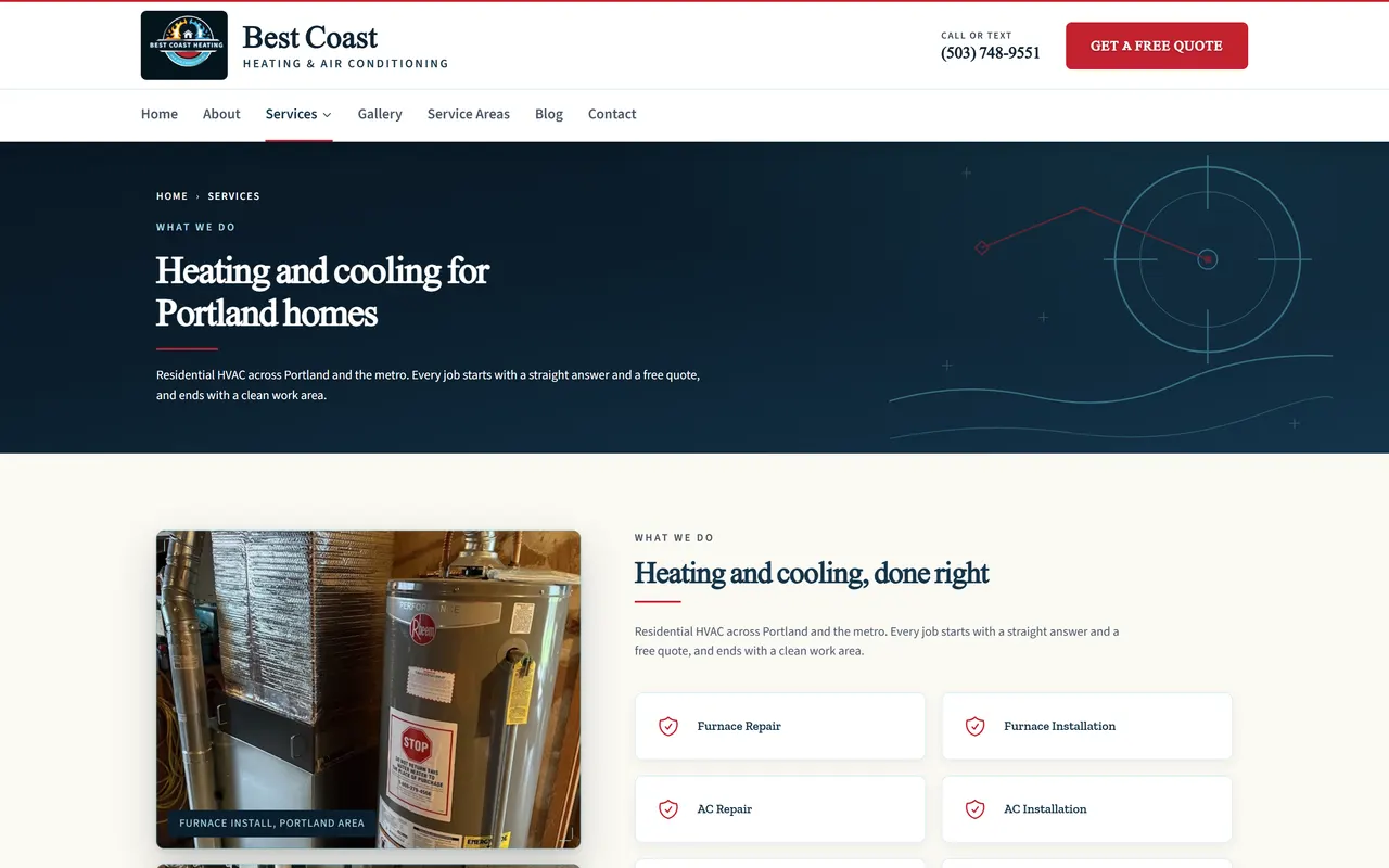 Services page of the Best Coast Heating & Air Conditioning website