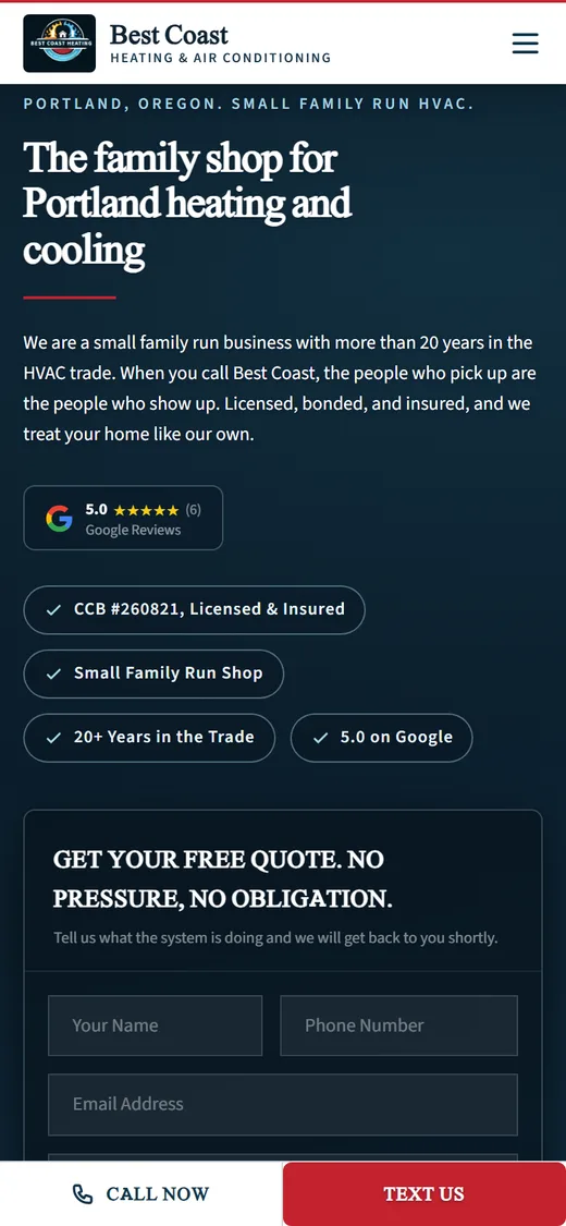 Best Coast Heating and Air Conditioning live site on a phone