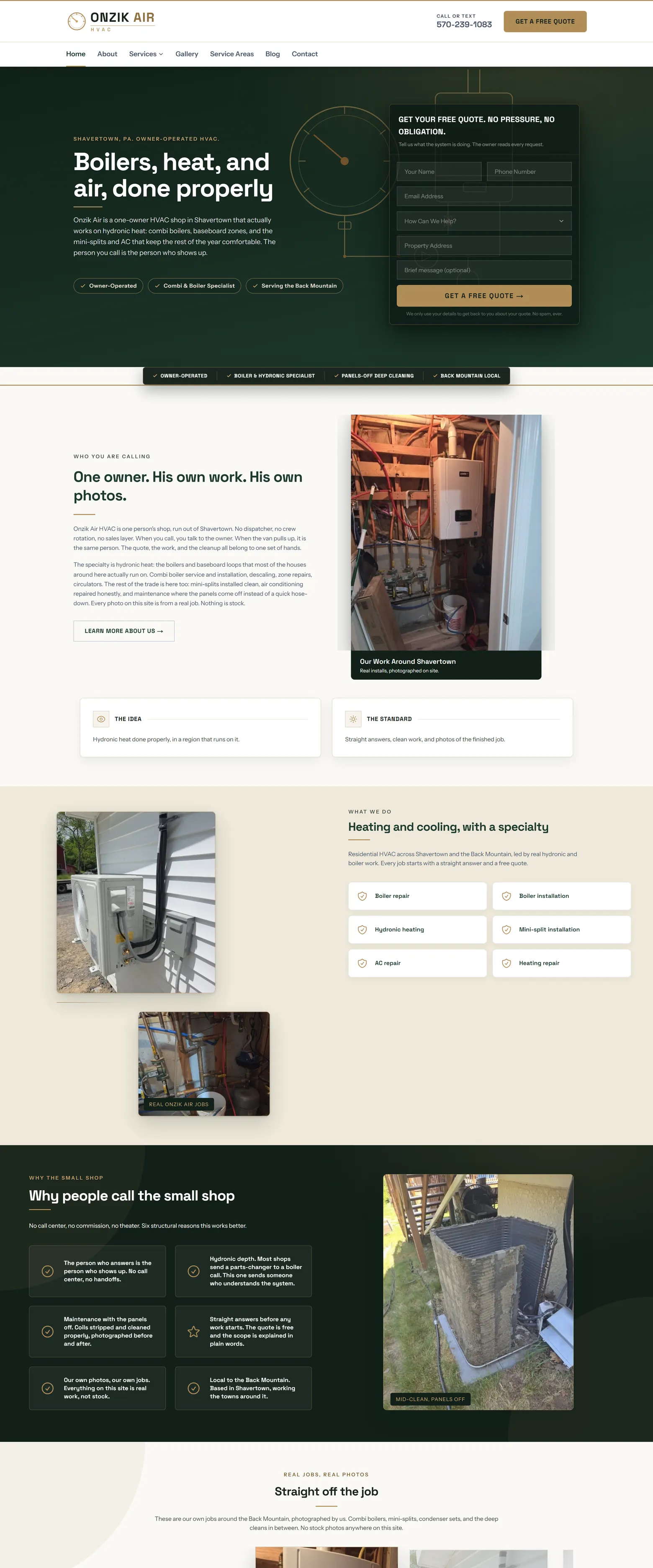 Homepage of the Onzik Air HVAC website, desktop view