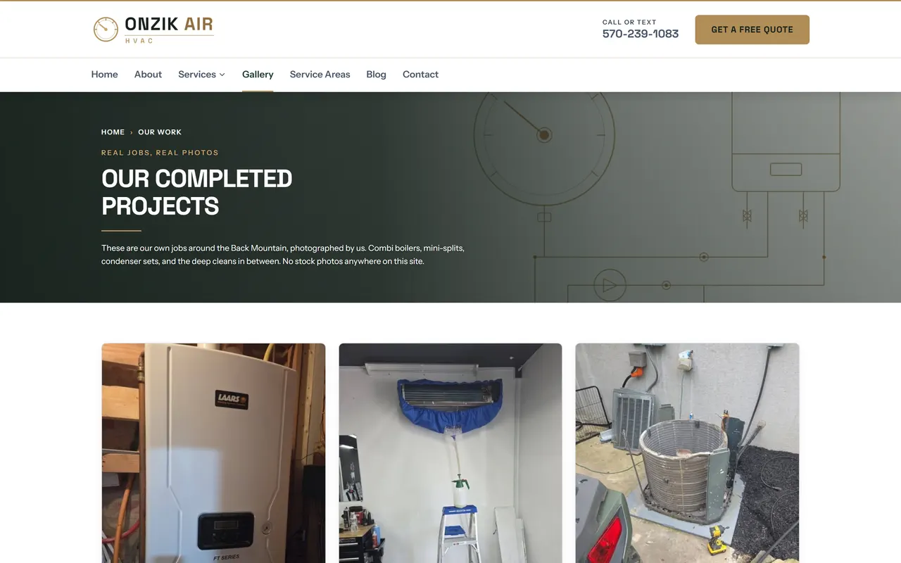 Gallery page of the Onzik Air HVAC website