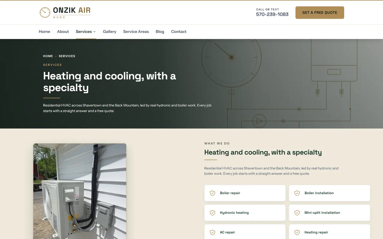 Services page of the Onzik Air HVAC website