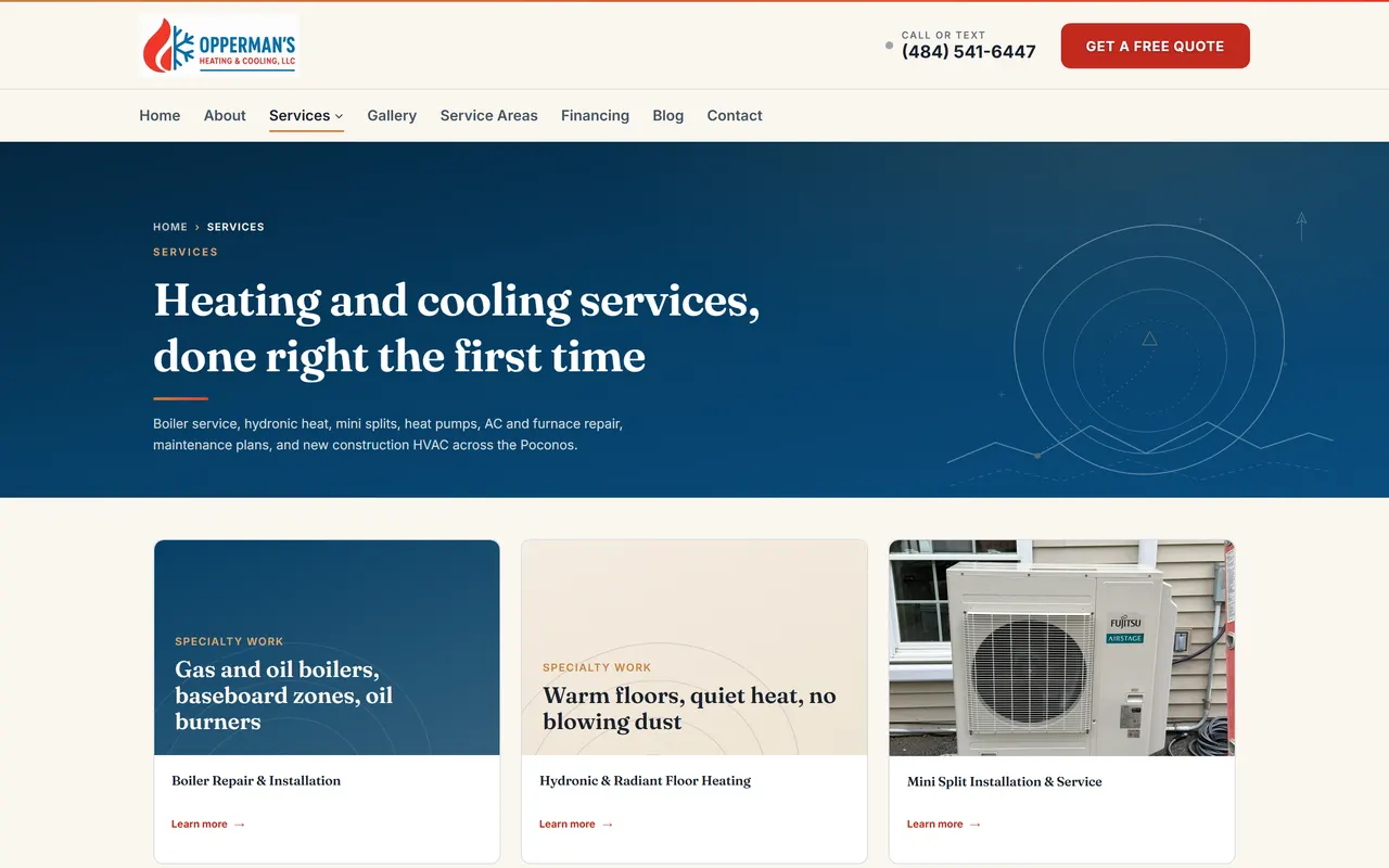 Services page of the Opperman's Heating & Cooling website