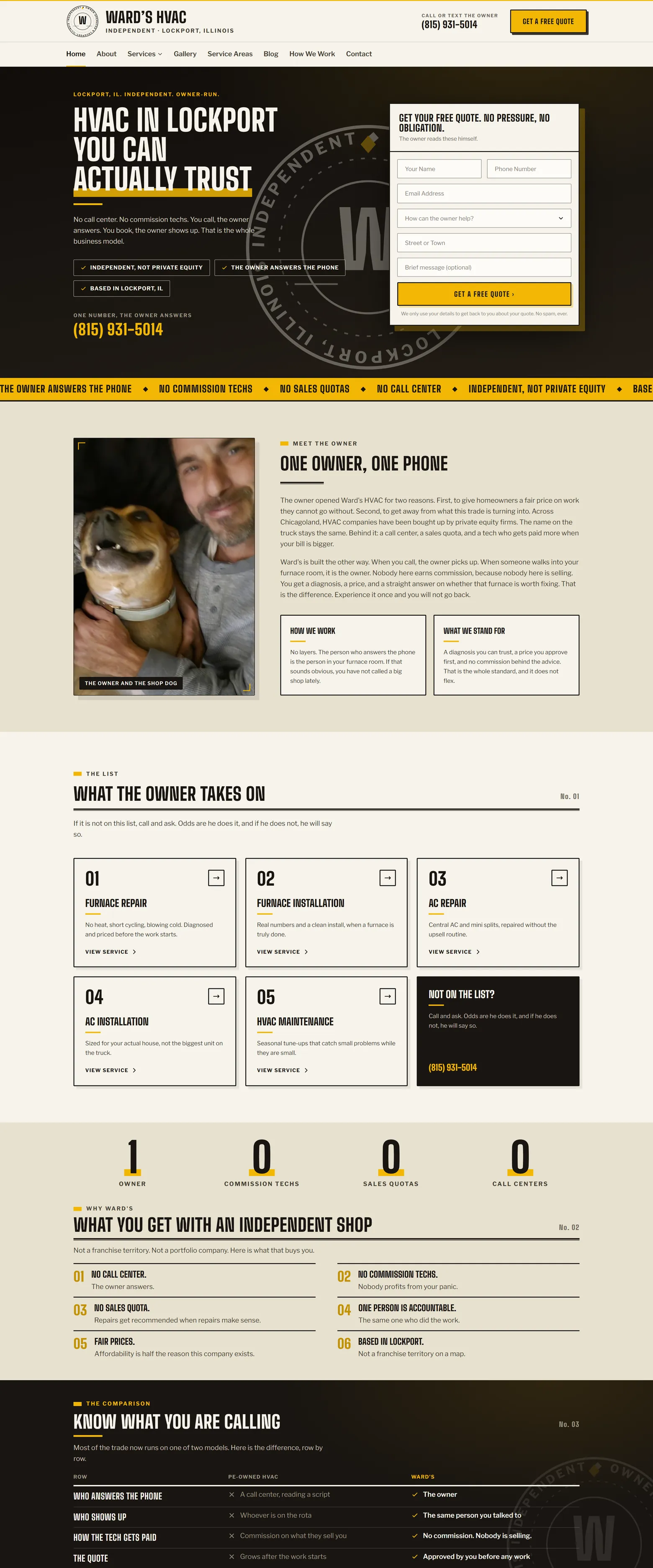 Homepage of the Ward's HVAC website, desktop view